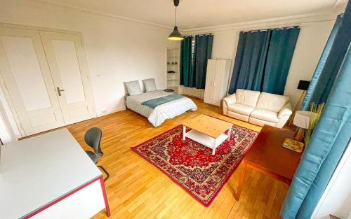 a living room with a couch and a table at Chambres privées -Private room- dans un spacieux appartement - 100m2 centre proche gare in Mulhouse