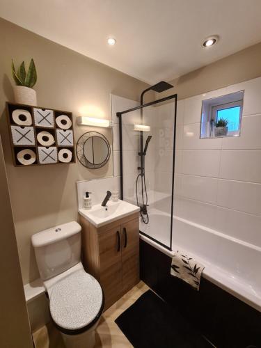 ein Bad mit einem WC, einem Waschbecken und einer Dusche in der Unterkunft Modern 1 bed apartment next to beach and golf course in Llanelli