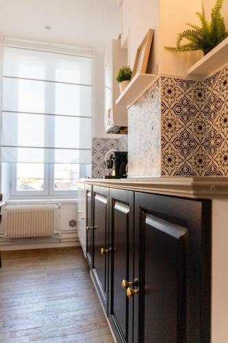 une cuisine avec des armoires noires et une fenêtre dans l'établissement LES BC BG, à Charleville-Mézières