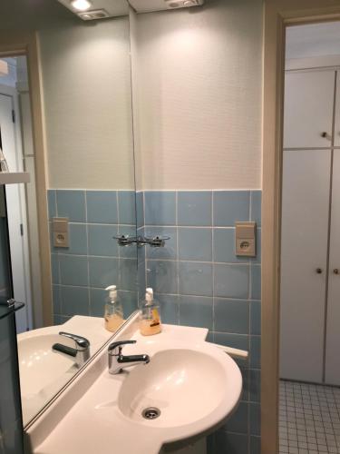 een badkamer met een wastafel en een spiegel bij Zonnige studio Mermoz Koksijde-Bad in Koksijde
