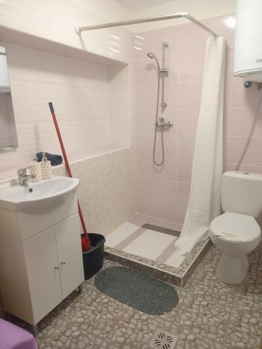 a bathroom with a shower and a toilet and a sink at Sweet Home Apartman Szilvásvárad in Szilvásvárad