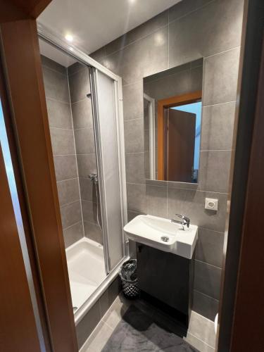 uma casa de banho com um chuveiro, um lavatório e um espelho. em Gasthof Knezevic em Leoben