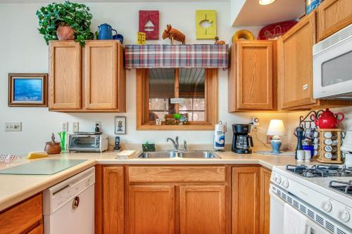 a kitchen with wooden cabinets and a sink at RTLCMP Lakehouse in Arbor Vitae