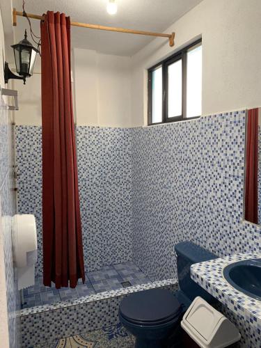 ein Bad mit einem WC und einem Waschbecken in der Unterkunft Hotel Villa del Lago, Gladys in San Pedro La Laguna