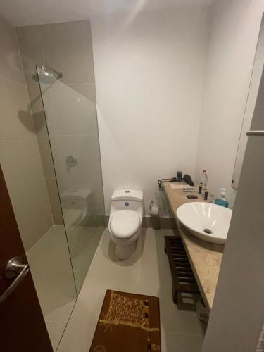 une salle de bain avec toilettes, lavabo et douche dans l'établissement Condominio Campestre Laguna Club Cartagena, à Los Arrayanes