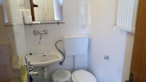 een kleine badkamer met een toilet en een wastafel bij Filoxenia Rooms in Makrilies