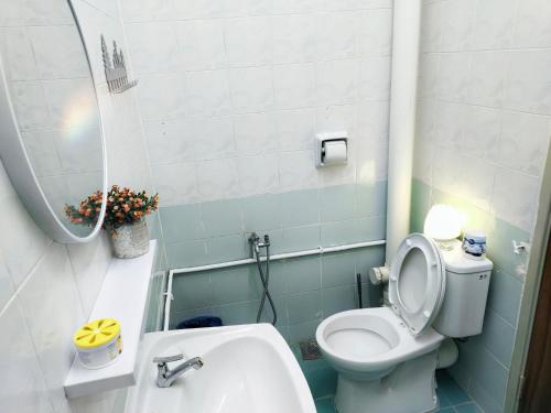 a bathroom with a toilet and a sink and a mirror at Semi-Detached, Up to 21 Pax, 4 Bedrooms, 3 Bathrooms, 4 Car Parks by Star Home in Bayan Lepas