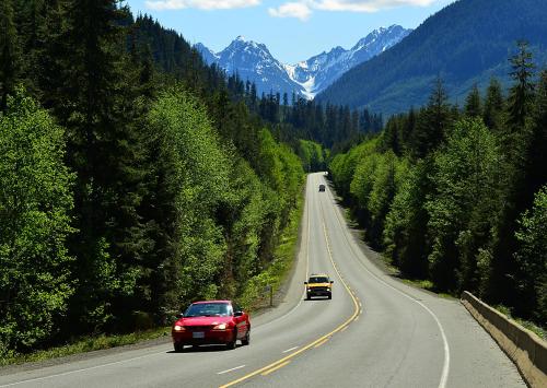 a red car driving down a road with a yellow truck at Pioneer Inn by the River in Port Hardy