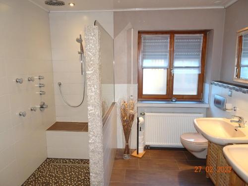 a bathroom with a shower and a sink and a toilet at Ferienwohnung Schwarz in Röttenbach