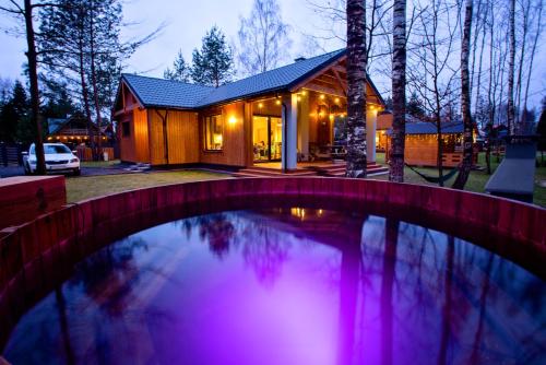 a house with a swimming pool in front of it at Winiec Family Houses in Winiec