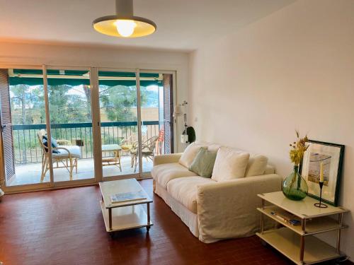sala de estar con sofá y mesa en Superbe T3 dans les pins, terrasse sud, petite vue mer, plage à pieds, garage privé gratuit, en Les Lecques