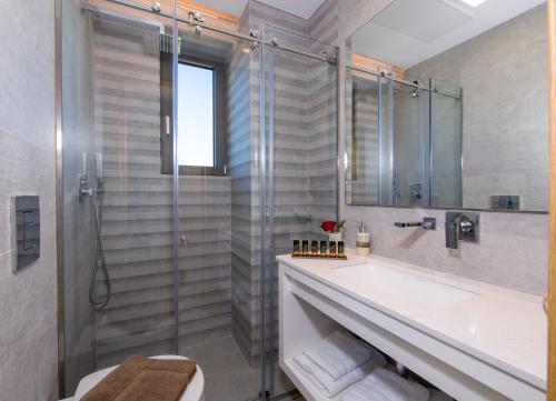 a bathroom with a shower and a sink and a toilet at Imperium Luxury Villas-Sauna, Jacuzzi, Heated Pool & Gym-Chania in Kato Galatas