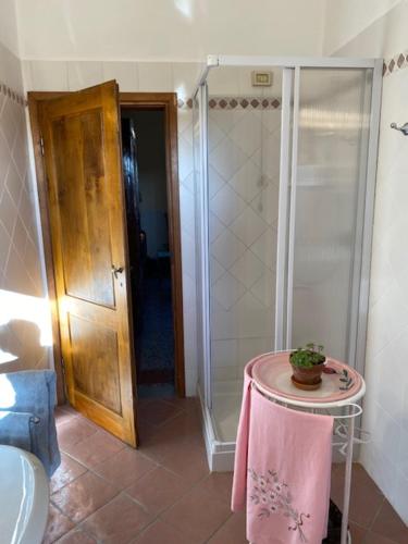uma casa de banho com um chuveiro e uma mesa com uma toalha rosa em Il Cipresso Toscano Fibra e comfort nel cuore del Chianti Cozy flat in the heart of Chianti Smart working! em Mercatale Val Di Pesa