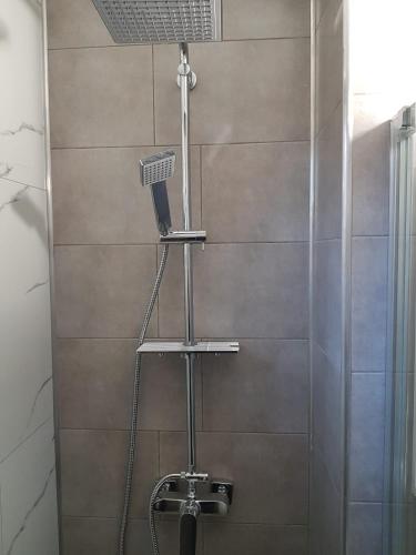 a shower with a toothbrush on a stand in a bathroom at Apartament Adagio Felix in Baile Felix