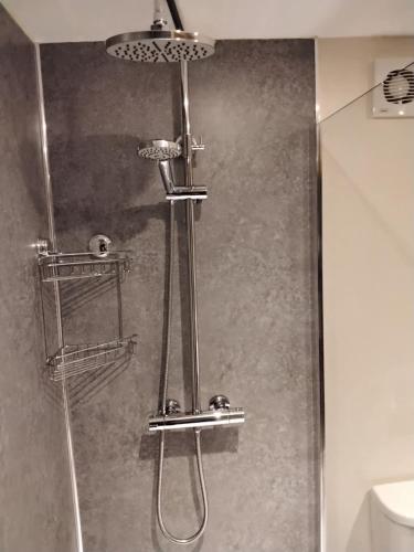 a shower in a bathroom with a glass door at Farm accommodation - The Lizard Peninsula, Cornwall in Helston