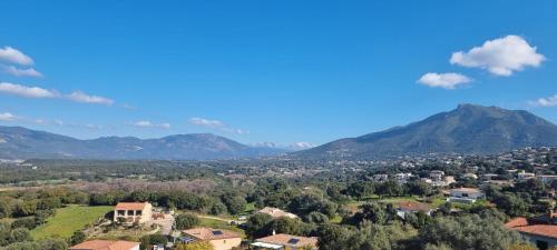 a view of a town with mountains in the background at Charmant T2 in Bastelicaccia