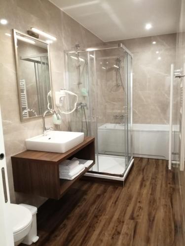 a bathroom with a sink and a shower and a toilet at Glögglhof in Trofaiach
