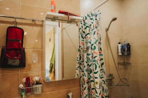 a bathroom with a shower curtain and a mirror at Guest House Lorem in Daugavpils