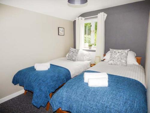 sypialnia z 2 łóżkami i oknem w obiekcie Corner Cottage w mieście Reynoldston