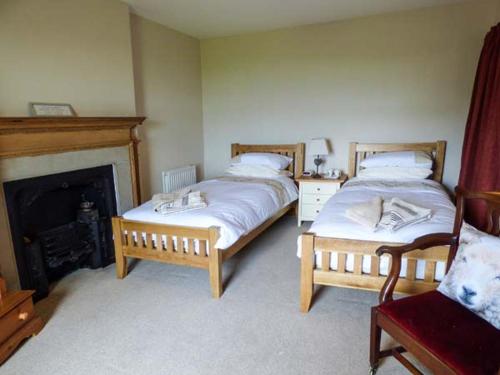 two beds in a room with a fireplace at Horrace Farm Cottage in Pennington