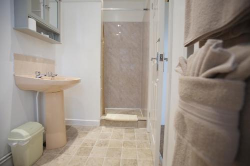 uma casa de banho com um chuveiro e um lavatório. em Trelaske Manor B&B em Launceston