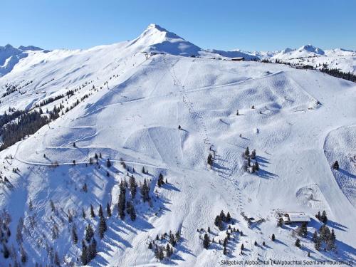 a snow covered mountain with trees and a ski slope at Apartment Theresia by Interhome in Alpbach