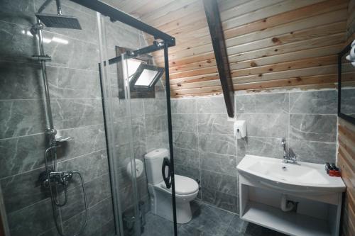 Un baño con ducha, inodoro y lavabo. en Oce Bungalow, en Ardeşen