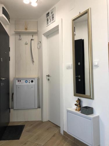a bathroom with a mirror and a washing machine at Apartman Krnjajic Diamond Hill in Divčibare