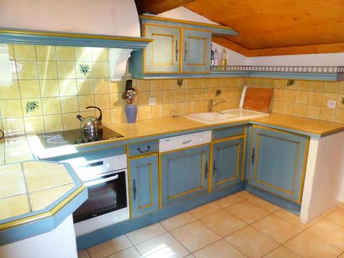 萊孔塔米訥－蒙茹瓦的住宿－蒙茹瓦康泰蒙莫倫徹斯公寓，厨房配有蓝色橱柜、水槽和炉灶。