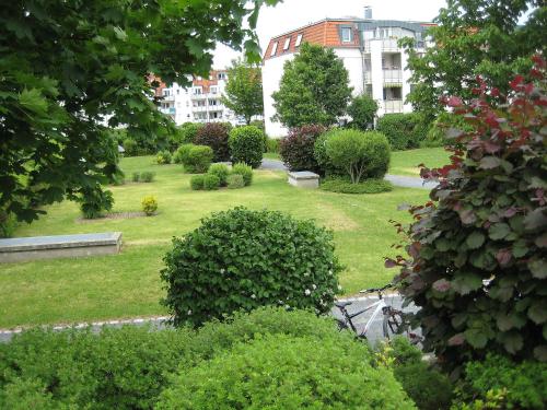 un jardín con muchos arbustos, árboles y edificios en Apartment Kamelienweg by Interhome, en Dresden