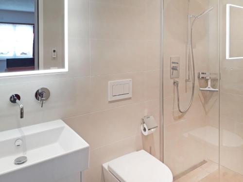 a bathroom with a shower and a toilet and a sink at Apartment Crap Milan by Interhome in Bivio