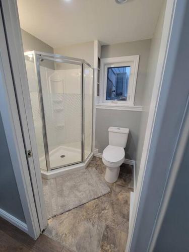 a bathroom with a shower and a toilet at Stylish one bedroom Apartment. 