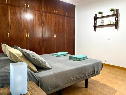 1 dormitorio con 1 cama con armarios de madera en LAS PALMERAS en Pizarra