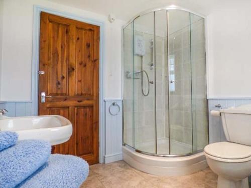 ein Bad mit einer Dusche, einem WC und einem Waschbecken in der Unterkunft Garreg Wen Isaf Bach in Pen-y-groes