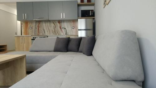 a living room with a gray couch in a kitchen at Psammites in Kalabaka