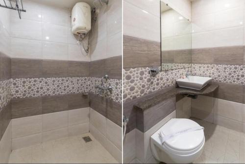 two pictures of a bathroom with a toilet and a shower at Falnir Palace in Mangalore