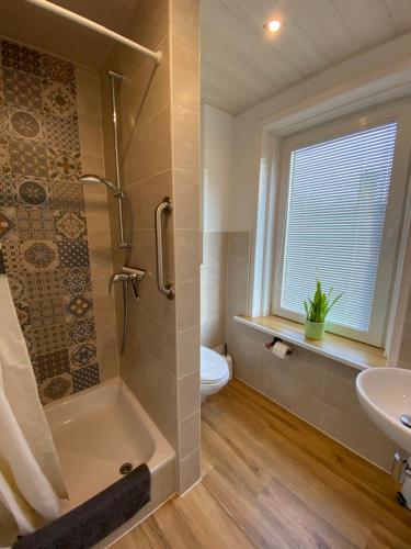 een badkamer met een douche, een toilet en een wastafel bij Pensionszimmer Melina in Lübeck