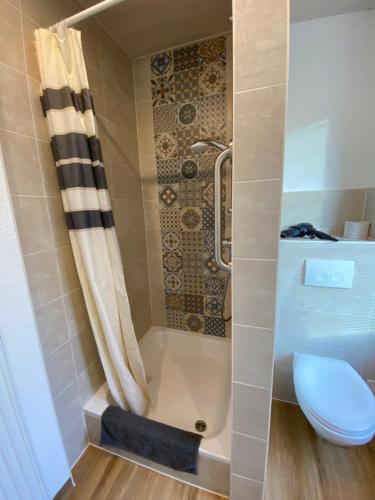 a bathroom with a shower and a toilet at Pensionszimmer Melina in Lübeck