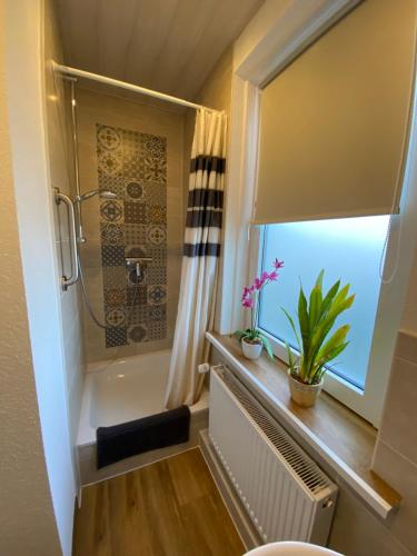 baño con ducha y ventana en Pensionszimmer Hannes en Lübeck