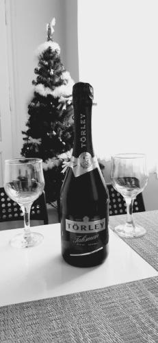 a bottle of alcohol sitting on a table with two glasses at Centrum Apartment Senta in Senta
