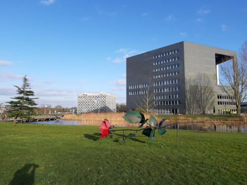 zwei Skulpturen im Gras vor einem Gebäude in der Unterkunft Short Stay Wageningen in Wageningen