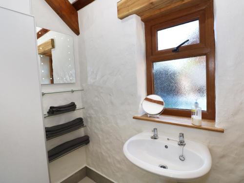 a bathroom with a sink and a mirror and a window at Stable Cottage in Clynderwen