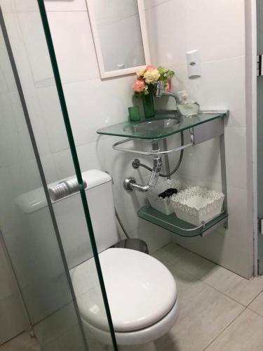 a bathroom with a toilet and a glass shelf above it at SUITE RUA PESCADA AMARELA in Bombinhas