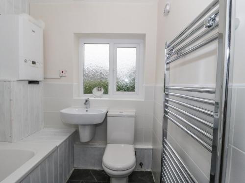 a bathroom with a toilet and a sink and a window at Bedlinog in Amlwch