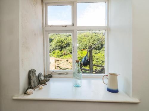 a window with a bottle and a vase on a shelf at Clevelyn in Staithes