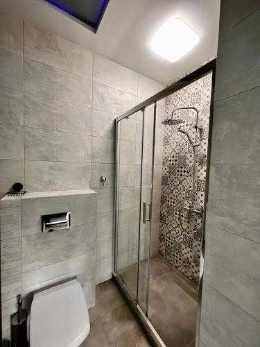 uma casa de banho com um chuveiro, um WC e uma porta de vidro. em Apartament na 1 Maja -4- em Skierniewice