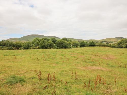 a field of grass with trees and mountains in the background at Dromstabla in Glencar