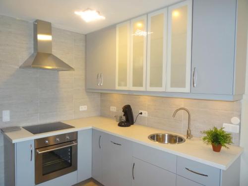 une cuisine avec des armoires blanches et un évier dans l'établissement Apartment Les Cascadelles-10 by Interhome, à La Foux