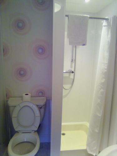 a bathroom with a toilet and a shower at The braeside families and couples in Blackpool