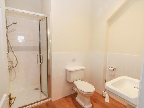 a bathroom with a shower and a toilet and a sink at Hoath House in Chiddingstone